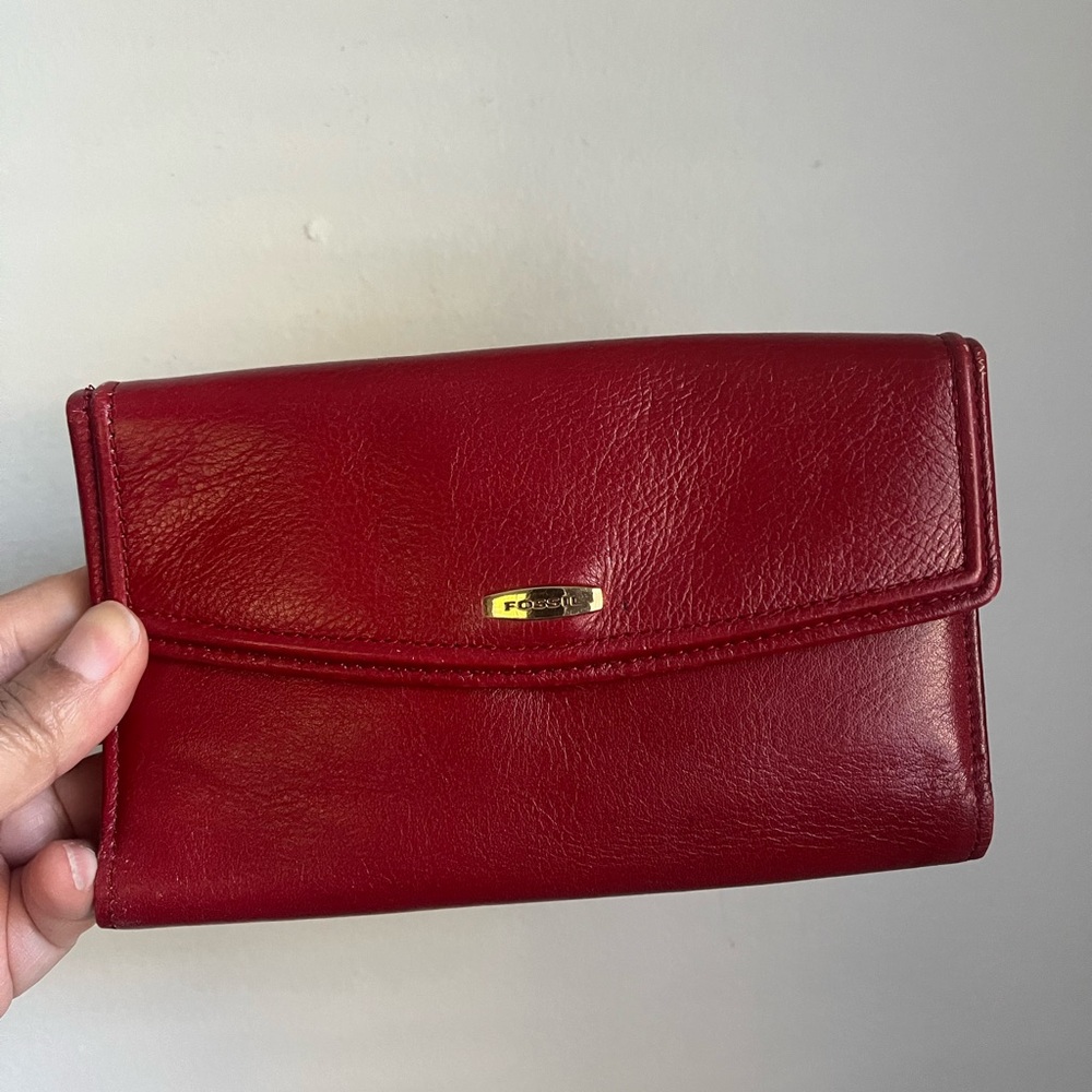 Fossil Wallet Vintage Red Leather Wallet Billfold Trifold Handbag Y2K Coin Pouch
